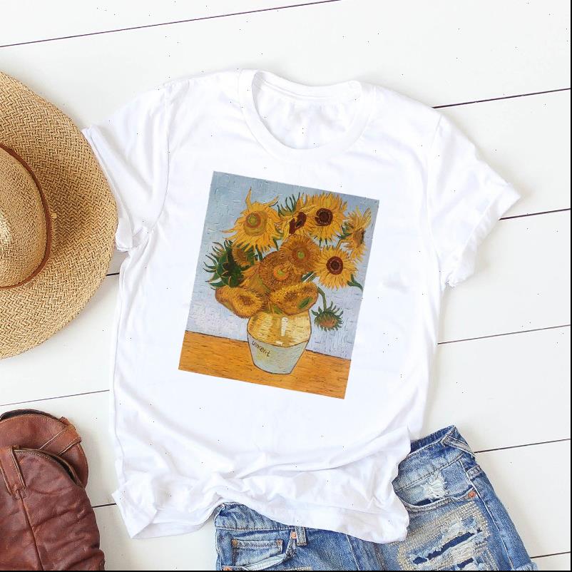 

sunflower painting printed womens t shirts short sleeve tee clothes graphic, White