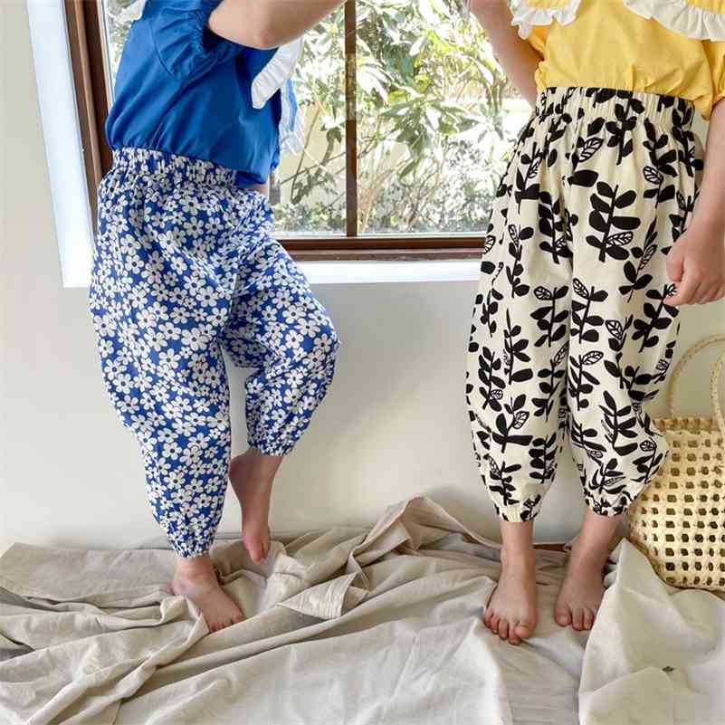

Girls thin cool floral loose trousers Summer 4 colors cotton casual ankle-tied pants 1-6Y 210708, Blue