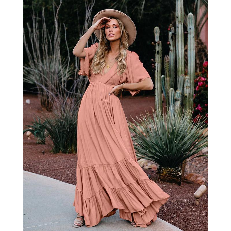 

Maternity Dresses 2022 Summer Fashion Maxi Dress V-neck Short Sleeve Solid Color Floor Length A-line Holiday Overall Vestidos Boho Robes, White