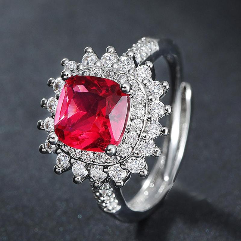 

Cluster Rings Princess Luxury Red Crystal Ruby Gemstones Diamonds For Women White Gold Silver Color Jewelry Bague Bijoux Party Gifts