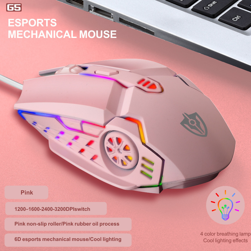 

6D pink Mice wired gaming mouse ergonomic with 4 color breathing lamp and adjustable DPI for Windows PC gamers forlady