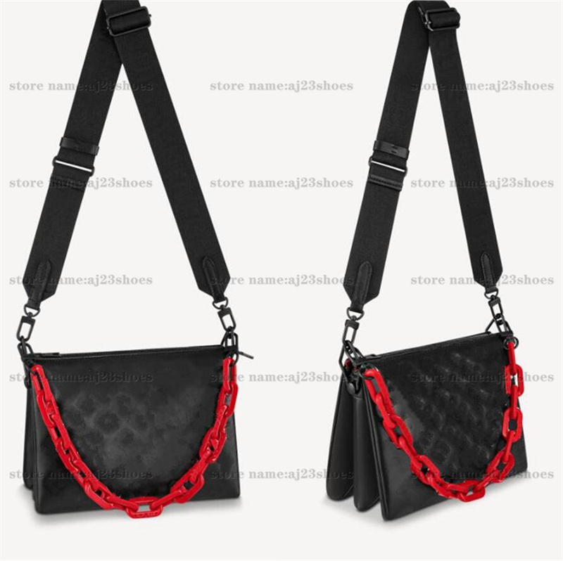 

M59398 Coussin PM Embossed Puffy Lambskin Bold Black-And-White Monograms Print Chain Shoulder Carry Wide Textile Strap Cross-Body Designer Handbags, 01