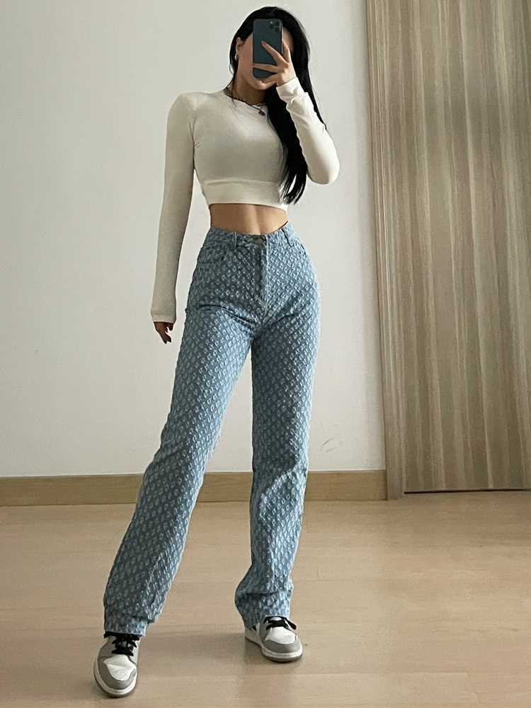 

European and American high waist slim jean retro ripped design sense washed pattern fashion street straight 210604, Sky blue