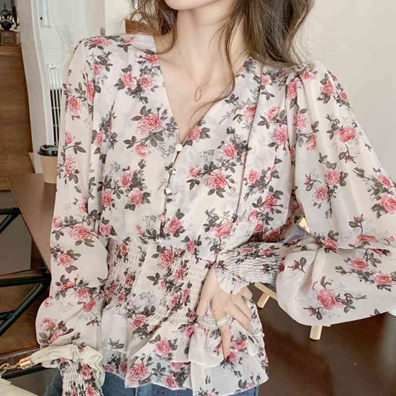 

Long Sleeve Flower Print Chiffon Blouse Shirt Women Tops Blouse Women Blusas Mujer De Moda V-Neck Women Blouses Blusa E415 210602