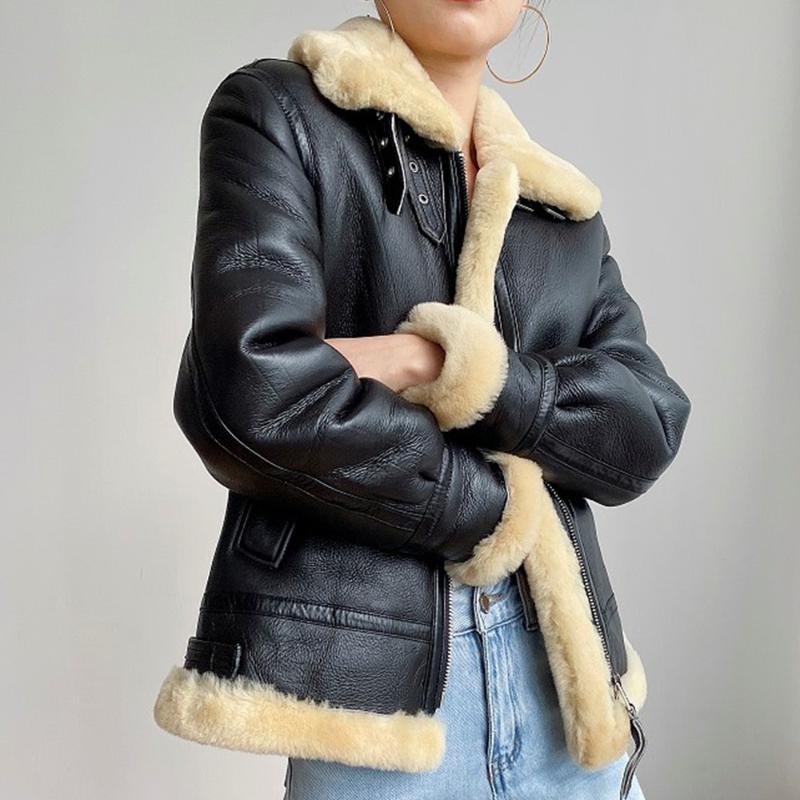 

Women's Fur & Faux Women Brand Coat Winter Warm Genuine Sheepskin Leather Thick Wool Shearling Jacket, Khaki