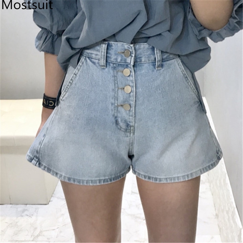 

Summer Korean High Waist Denim Shorts Women A-line Wide-legged Buttons Fashion Solid Sexy Femme 210518, Black