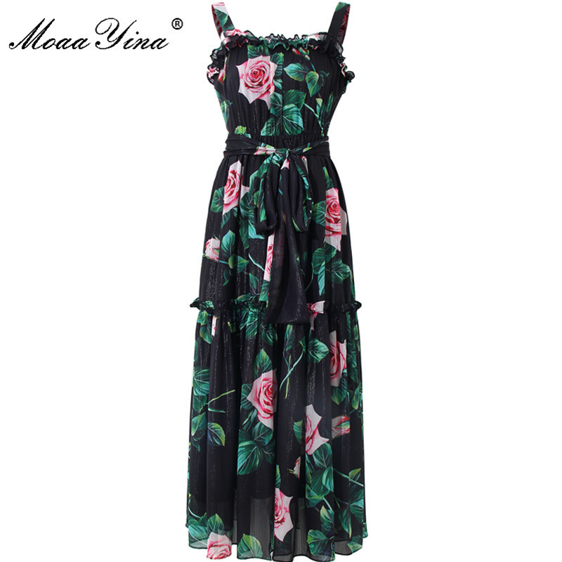 

Fashion Designer Lace up dress Summer Women' Dress Vintage Rose Floral-Print Vacation Spaghetti strap Dresses 210524, Black