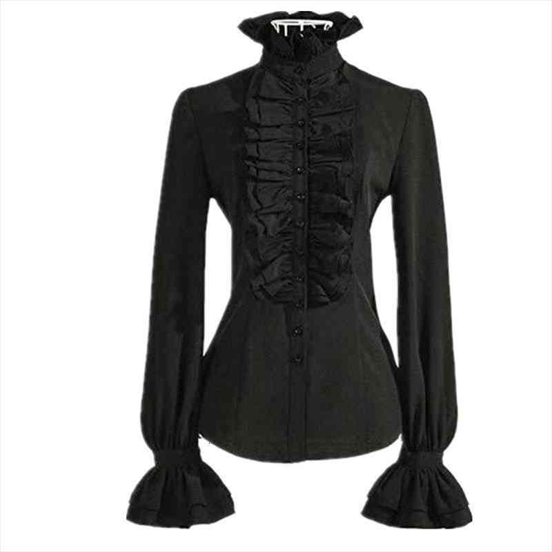 

Gothic Punk Style High Ruffle Collar Jabot Blouse For Women Button Shirt Ruched Slim Fitted Top Victorian Theater Costume Lady, White