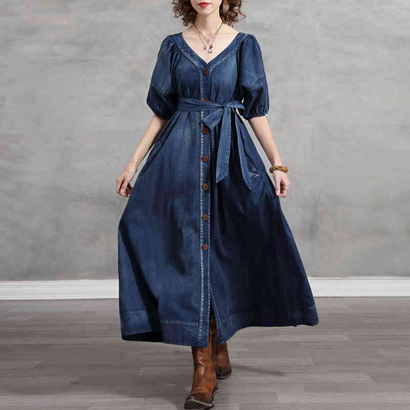 

Johnature Women Bandage Shirt Dresses Vintage Original Puff Sleeve Button V-Neck Denim Cotton Spring A-Line Dresses 210521, Blue