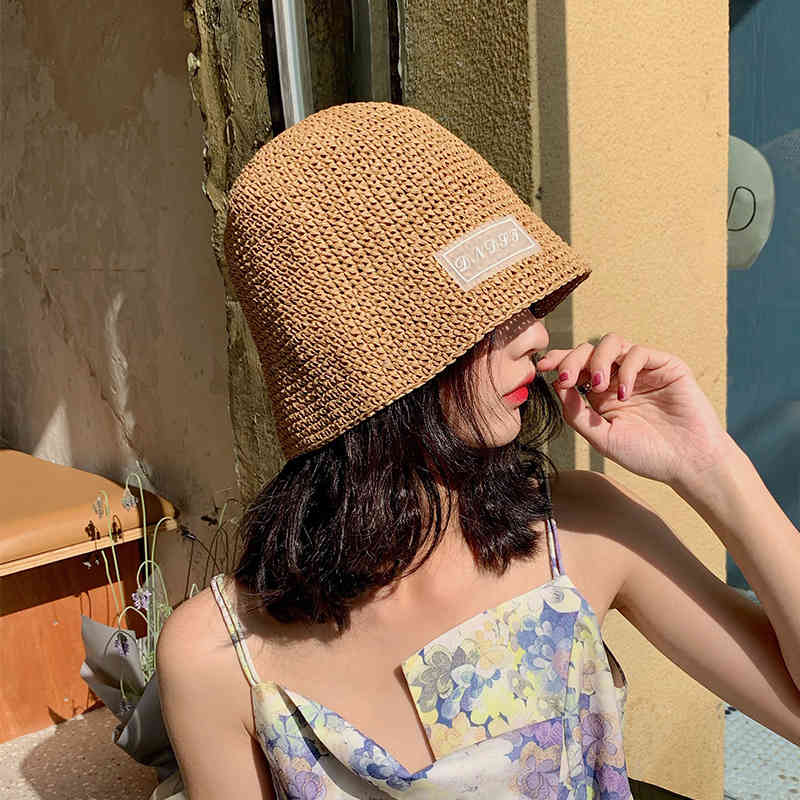 

Small group small fresh straw female summer versatile show face little fisherman sunshade Bucket Hat basin hat tide, Beige