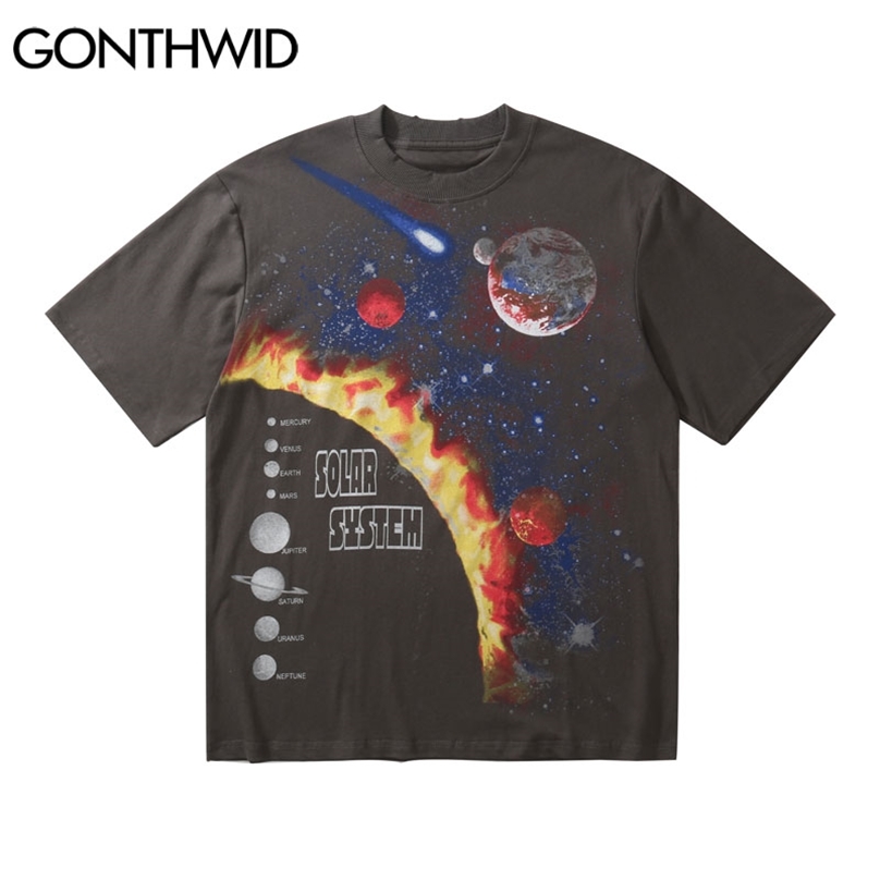 

Oversized T-Shirt Harajuku Galaxy Universe Planets Print Tees Shirts Casual Fashion Streetwear Cotton Mens Tshirts Tops 210602, Gray