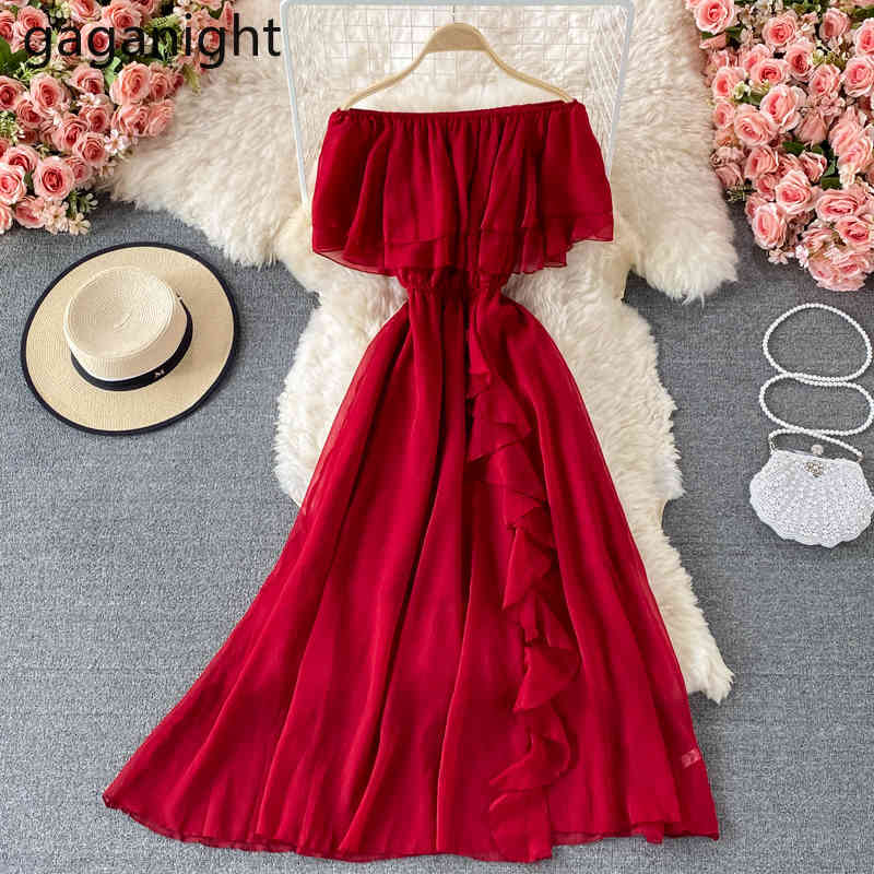 

Gaganight Chiffon Ruffles Solid Dress for Women A Line Slash Neck Fashion Lady Solid Party Bodycon Robe Female Sexy Vestidos 210519, Black