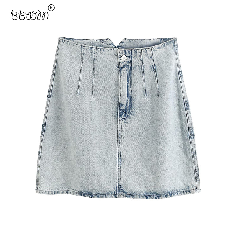 

Women Elegant Fashion Light Denim Mini Skirt Vintage High Waist Zipper Fly Skirts Chic Jupe Femme 210520, As picture