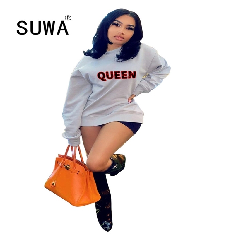 

QUEEN Letter Print Vintage Casual Pullover Sweatshirt Top Product BF Style Long Sleeve Loose T-Shirt Cool Girl Street 210525, Multi