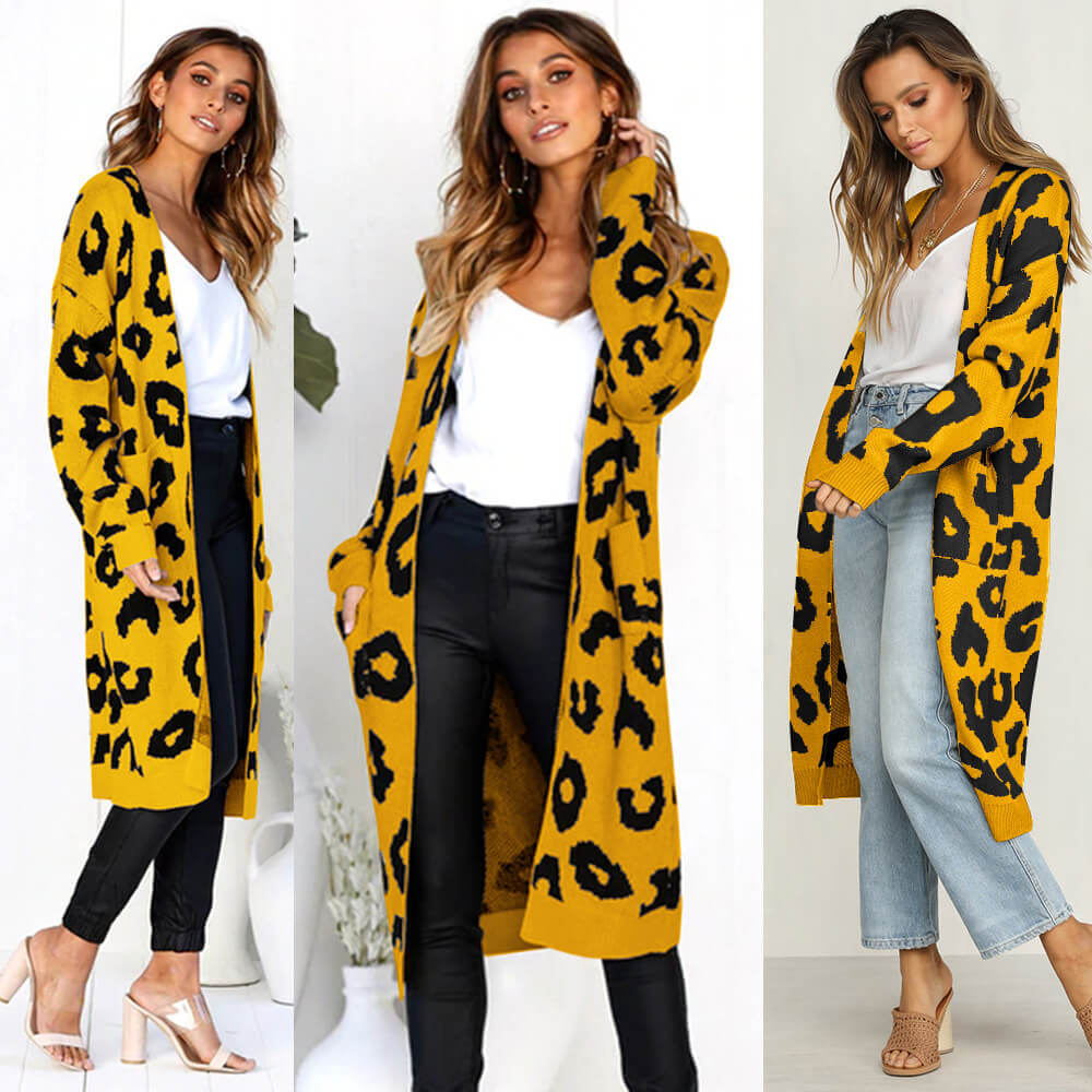 

Women leopard knitted long cardigan long sleeve sweater overcoat for female women autumn outwear coats women autumn 210518, Blue