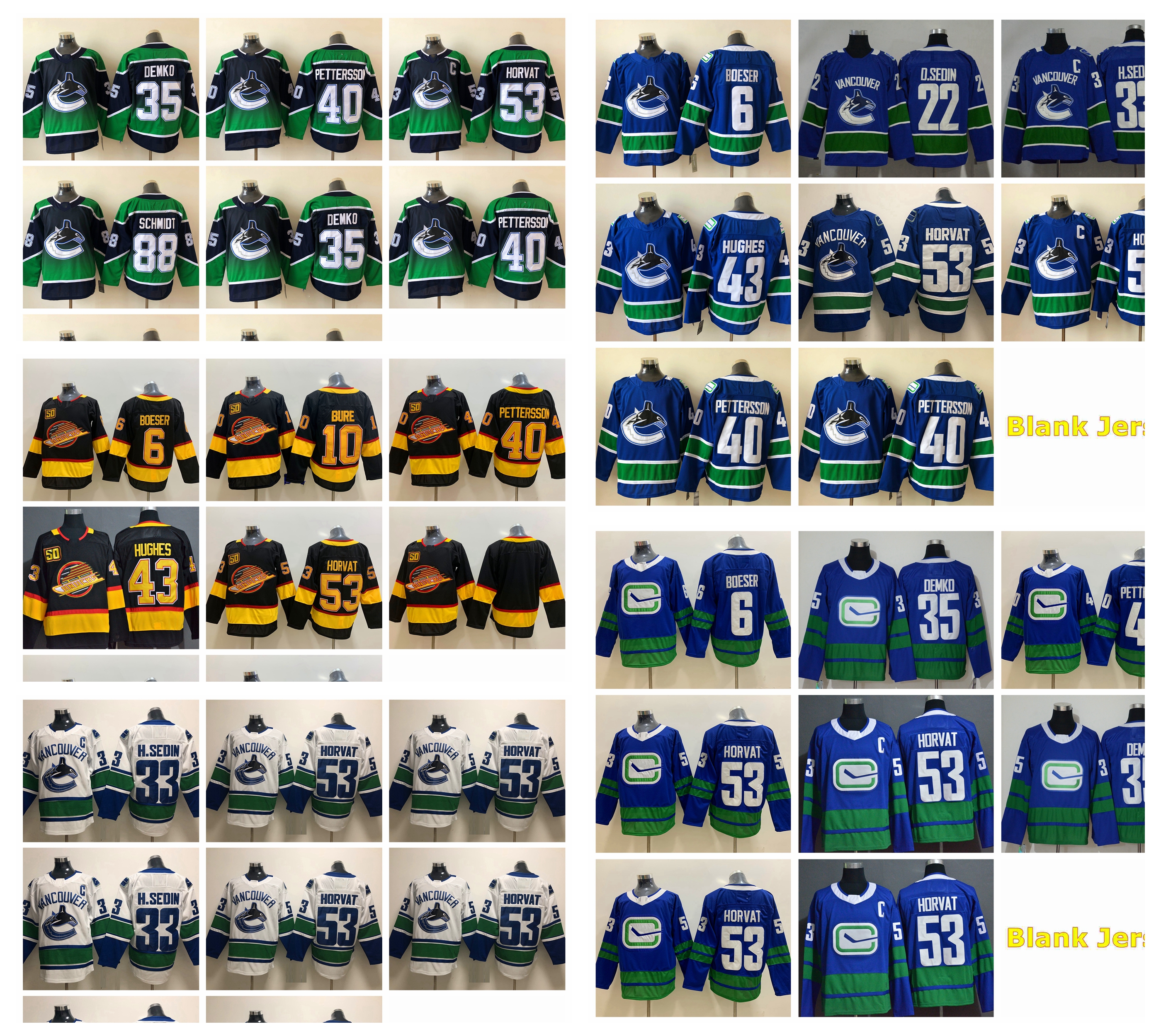 

2021 Vancouver Canucks Hockey Jerseys Mens Henrik Sedin Jersey Bo Horvat Elias Pettersson Nate Schmidt Loui Eriksson Brock Boeser Jake Virtanen Stitched, Blue