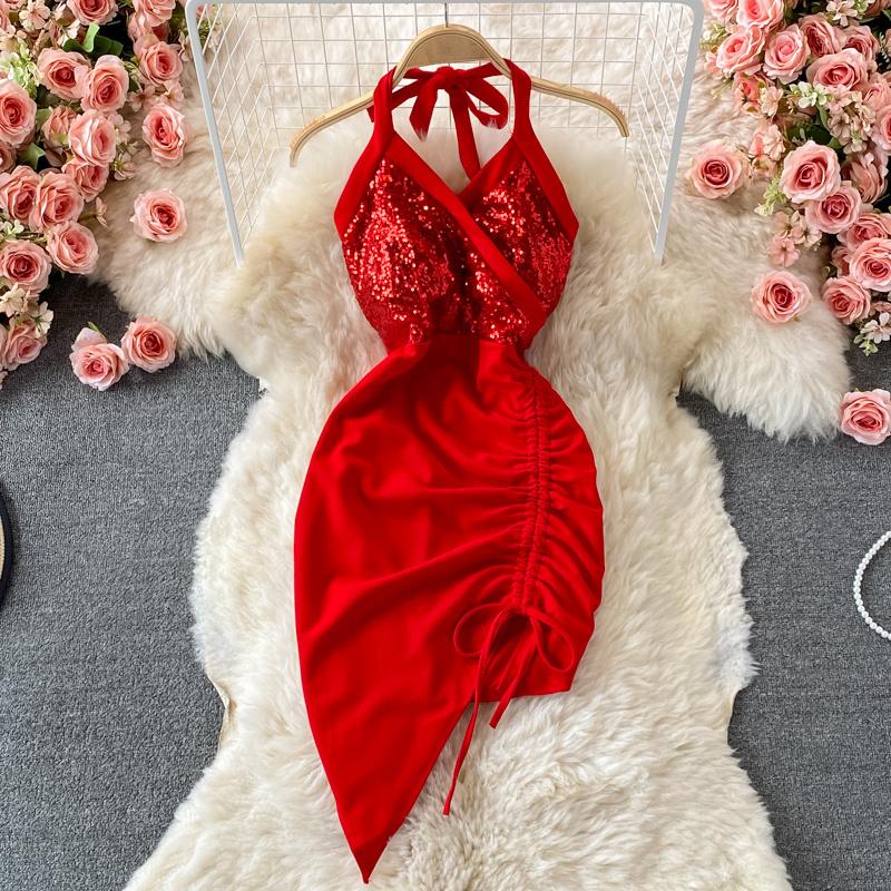 

Casual Dresses Summer Women Sexy Halter Camisole Sparkle Dress Girls Folds Drawstring Irregular Red White Sequin Short 2021 Club, Black