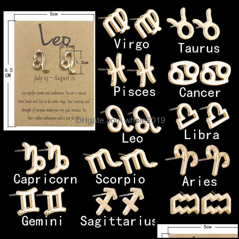 

Stud Earrings Jewelry Horoscope 12 Constellation Astrology Gold Plated Little Ear Women Girls Birthday Anniversary Friendship Gift 1807 Drop
