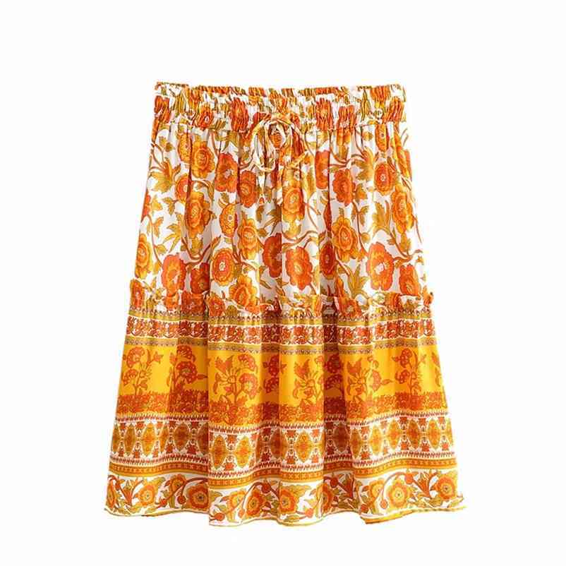 

Summer mini Skirts Women Vintage Floral Print A-line Pleated Skirt Elastic High Waist Casual Midi 210524, Orange