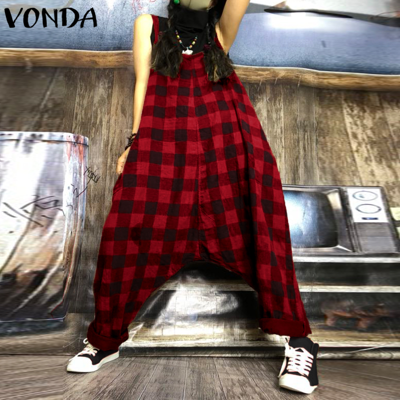 

Rompers Womens Jumpsuit 2021 Summer Vintage Harem Pants Plaid Printed Playsuits Casual Loose Sexy Sleeveless Overalls Plus Size, Black