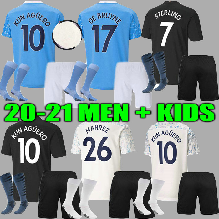 

2021 Man kids kit DE BRUYNE soccer jersey STERLING kids kit CiTy KUN AGUERO RODRIGO GESUS BERNARDO MAHREZ FODEN football Suit, 20/21 away kits + patch