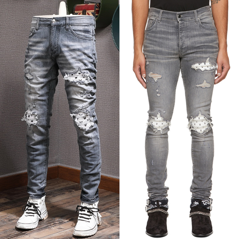 

Big Size 38 Gray Stretch Jeans Men's Distressed Slim Fit Leg Denim, 8321