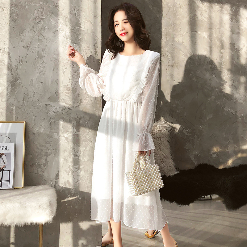 

Spring Autumn Elegant Ruffle Sleeve Solid Ladies Dress Women Mid-Calf Sweet Slim Holiday Party A-line 210520, White