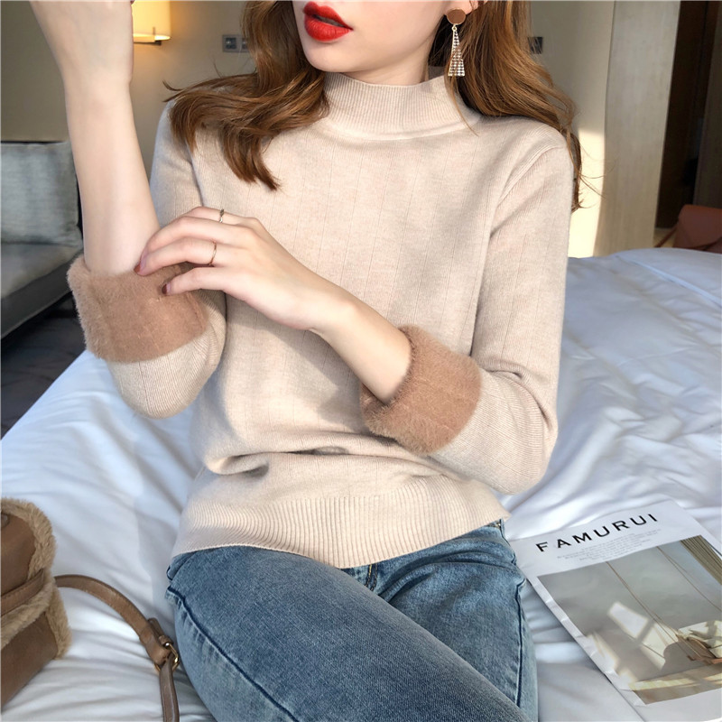 

fleece pullover sweater women's autumn winter thick half high neck knit inner bottoming shirt mink plus velvet warm jumper top 210520, Apricot
