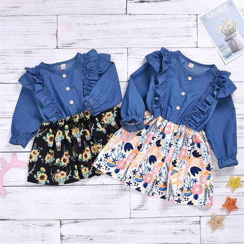 

Girls' ruffled Denim Long Sleeve stitched sunflower cartoon print dress children's wear, Red;yellow