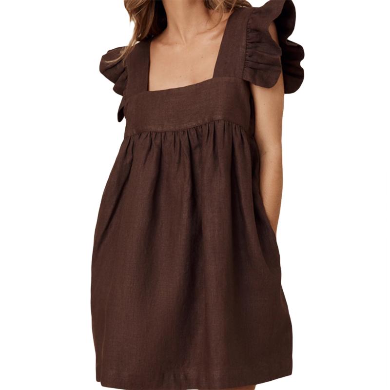 

Casual Dresses 2021 Est Women Fashion Sleeve Solid Color Square Collar Knee-Length Dress Stylish For Shopping Daily Wear, Brown