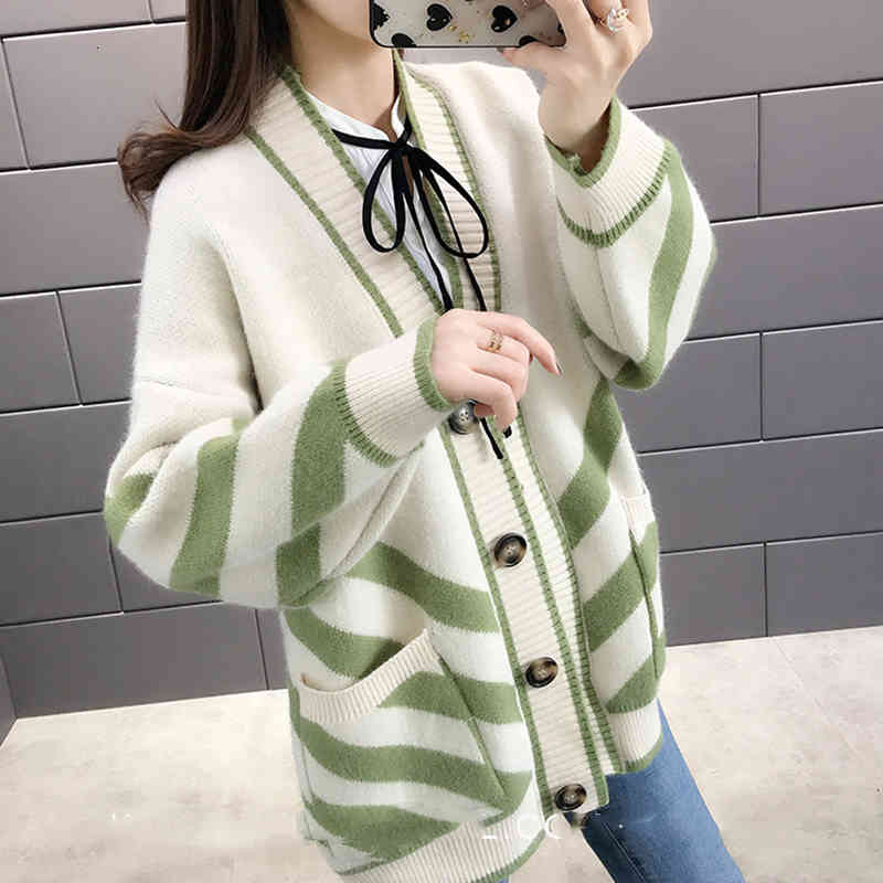

women's sweaters saleqi stripe women's knitted jacket loose fashion outwear thickness cardigan mesh autumn v knishirt neck 5ixg, White;black