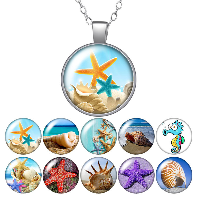 

Summer Seaside Starfish Conch Seahorse Round Pendant Necklace 25mm Glass Cabochon Silver Plated Jewelry Women Birthday Gift 50cm