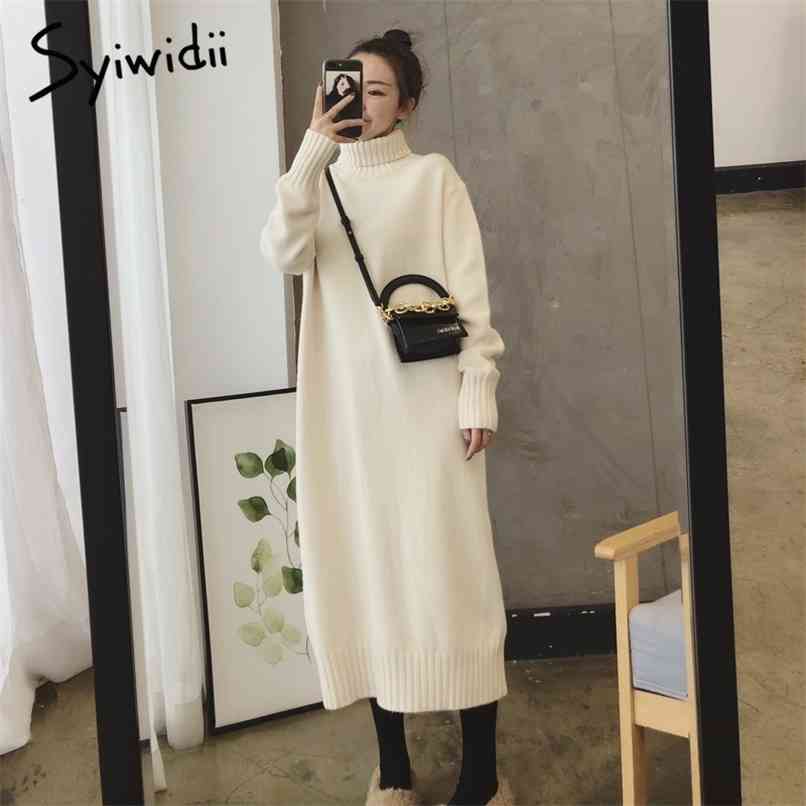 

turtleneck sweater dress women autumn winter casual loose ribbed knitted black beige clothes solid es 210607