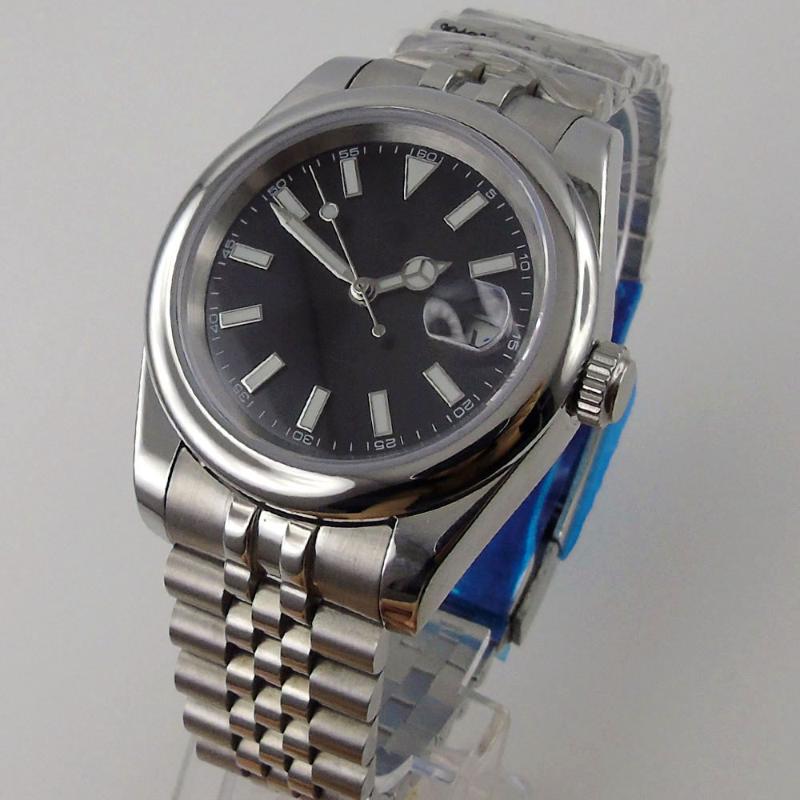 

Wristwatches 36mm Black Dial Sapphire Glass Date Window Magnifier Jubilee Miyota 8215 Movement Automatic Mechanical Mens Watch