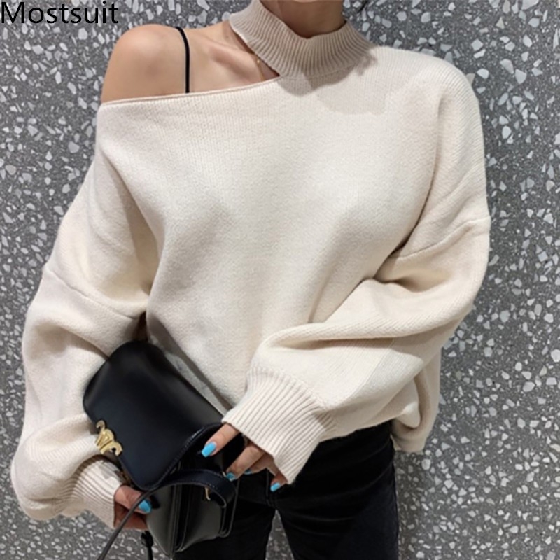 

Korean Shoulder Open Knitted Sweaters Tops Women Autumn Winter Lantern Sleeve Turtleneck Pullover Fashion Ladies Jumpers 210518, Black