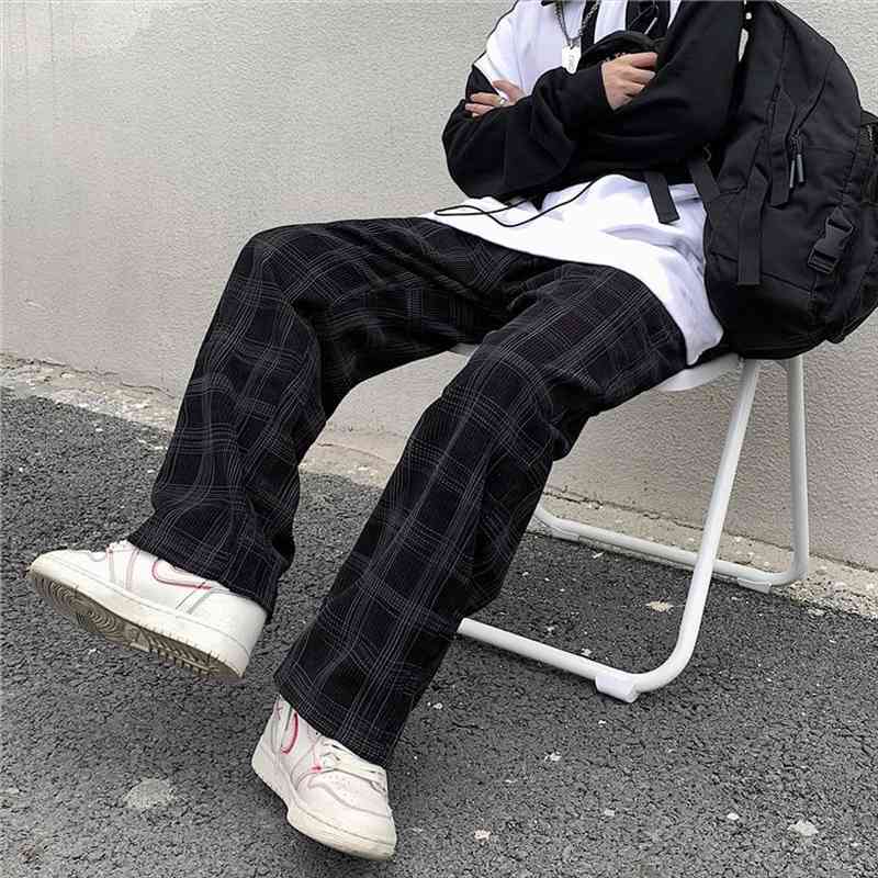 

korean fashion black plaid womens pants straight streetwear high waist corduroy casual trousers female vintage sweatpants, Black;white