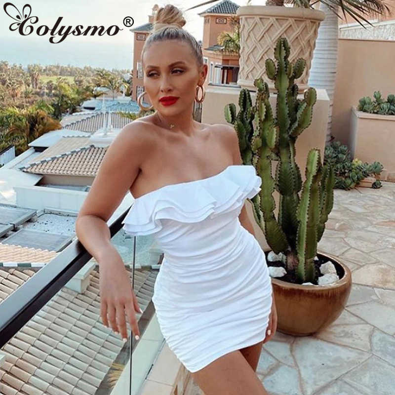 

Colysmo Strapless Summer Dress Women Ruched Bodycon Elegant Ruffles White es Woman Party Night Glossy Satin 210527