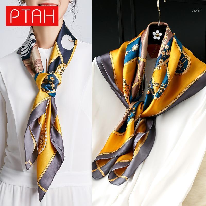 

Scarves [PTAH] 100% Mulberry Silk Scarf Ladies Softer Large Square Towel Breathable Digital Printed High Quality 90*90 Cm, Blue;gray