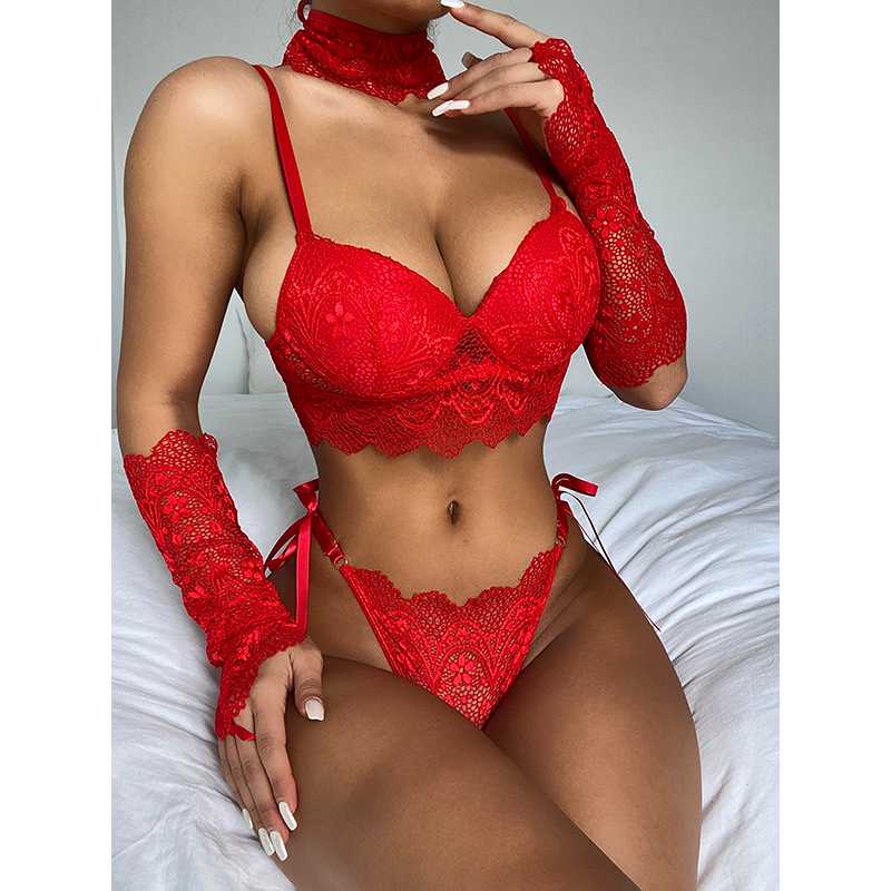 

Bras Sets Sexy Lingerie Women Lingerie-sexy Set Lace Bralette Temptation Push Up Gather Bra Panties Underwear With Eye Cover And Gloves, Aj00708