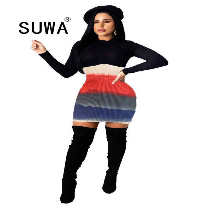 

Fall Winter Wholesale Clothing Knit Bodycon Mini Dresses Women Long Sleeve Sexy Party Night Club Streetwear 210525, Multi