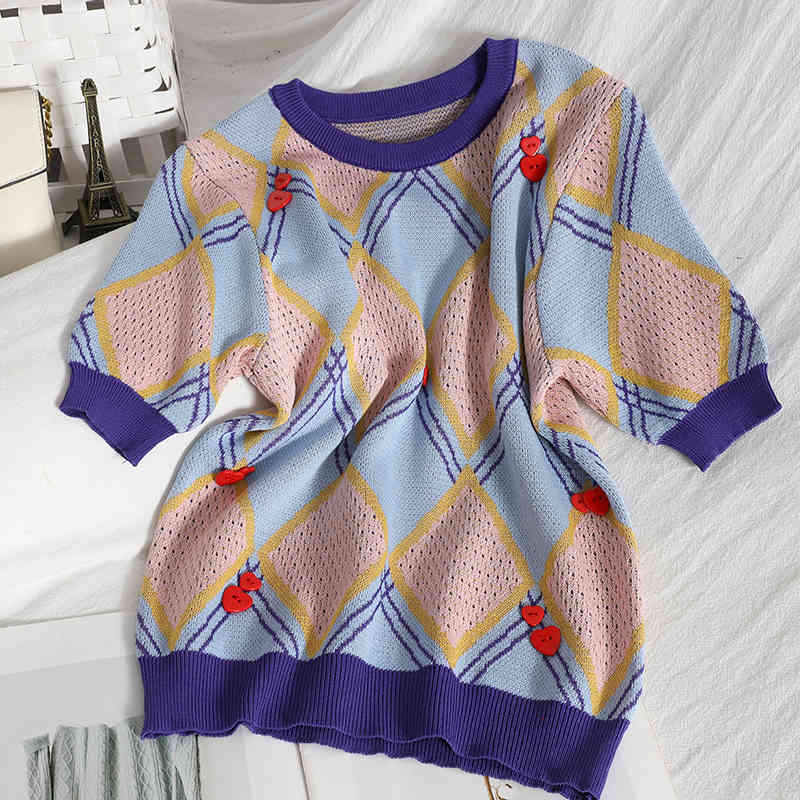 

Sweet color matching plaid turtleneck round neck sweater summer love Korean style hollow short-sleeved shirt women 210525, Blue