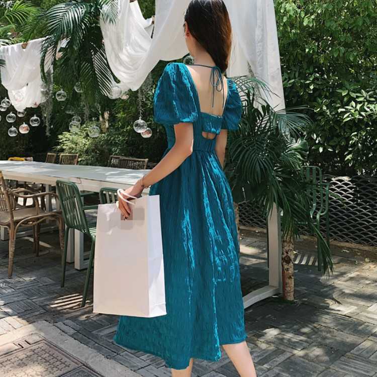 

Summer Square Neck Elegant Party Dress Women Sexy Backless Fashion High Wasit Holiday Beach Midi Dresses 210526, Photo color