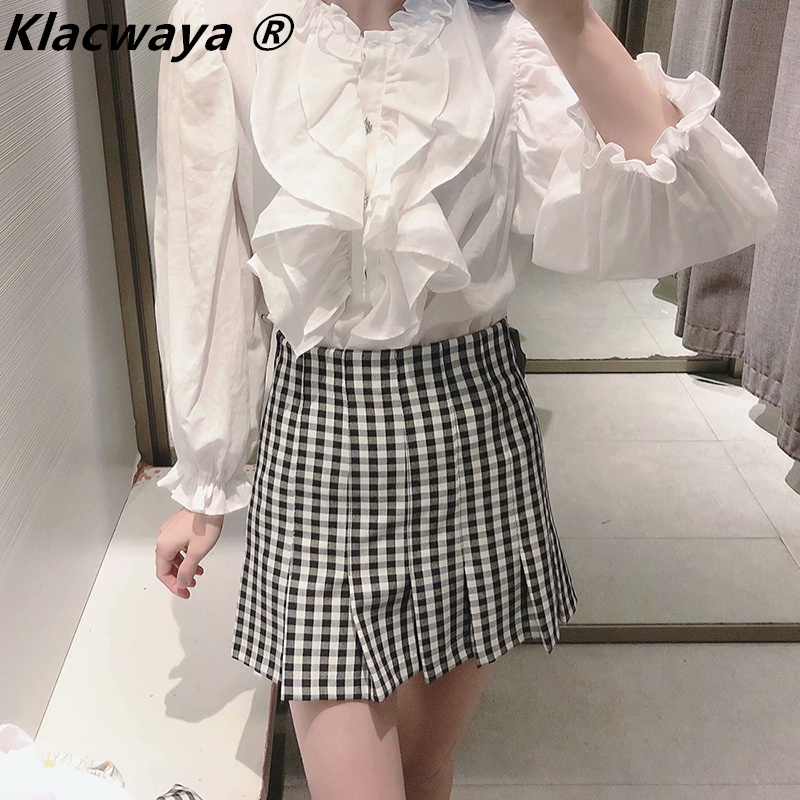 

Women Black And White Plaid Pleated Skirt Summer High Waist Cute Fashion Ladies Checked College Style 210521, Lattice