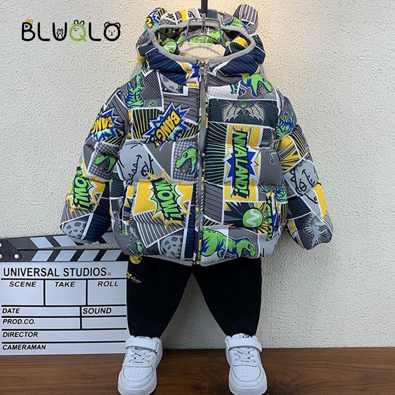 

Down Coat 2022 Kids Winter Clothes Boys Girls Fashion Print Jackets Casual Hoodie Warm Baby Coats Cotton Outwear Tops, Blue;gray