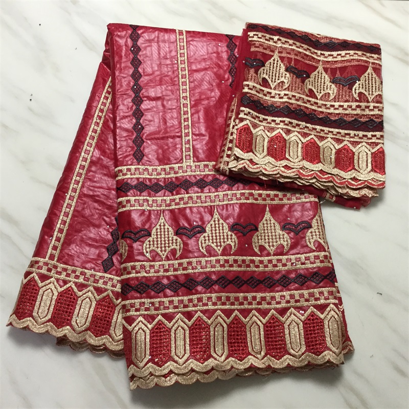 

5Yards wine Color Beautiful african Bazin brocade fabric embroidery and 2Yards french net lace for Scarf PL71197