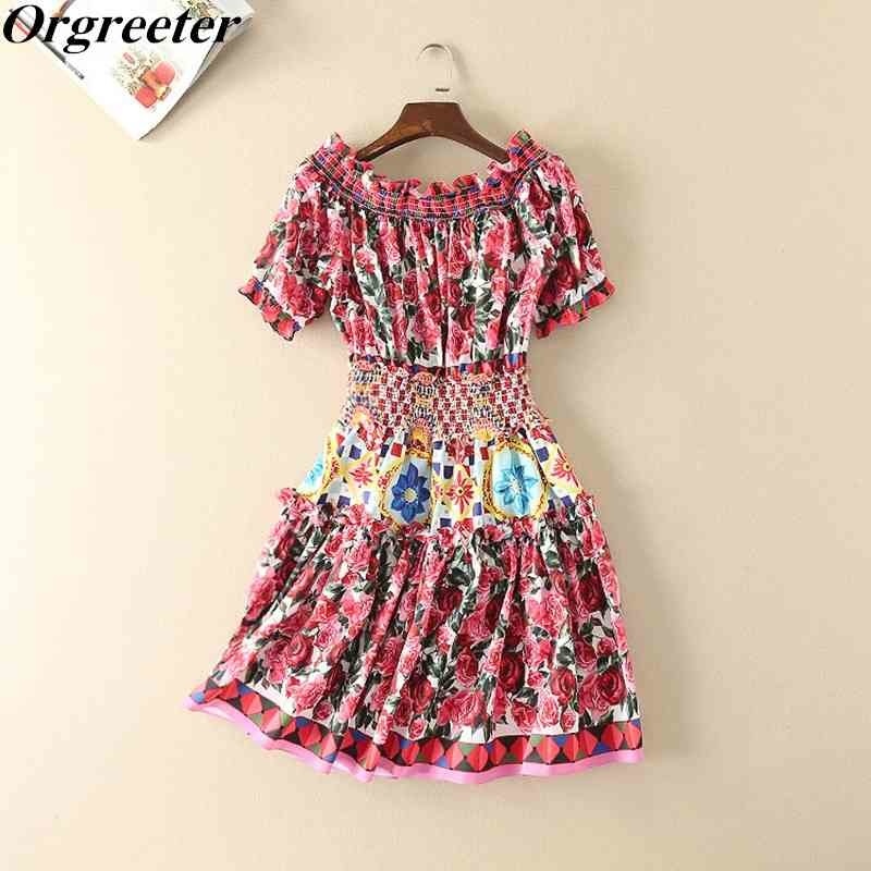 

Charming Red Rose Printted Short Dress for Women Summer Off shoulder Puff sleeve Drap Elastic waist A-line Mini 210525, Picture color