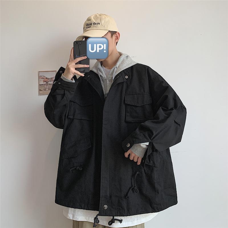 

Men's Jackets Plus Size 5XL-M Autumn Front Multi Pockets Loose Casual Oversized Men Clothing Simple Stand Collar Streetwear Coats, Black