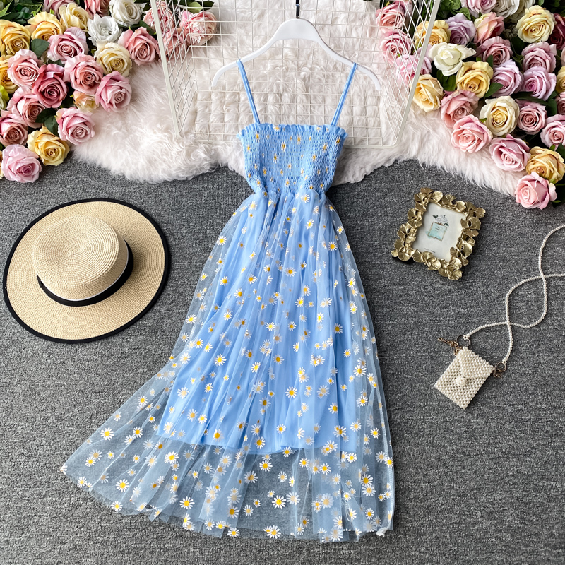 

Women Dress daisy Print Dresses Summer Sexy Lace Mesh Dress Spaghetti Strap Ruched Floral Vestidos Korean Style Long Dress