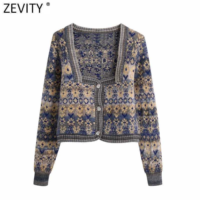 

Zevity Women Vintage Square Collar Flower Print Jacquard Knitting Sweater Female Long Sleeve Chic Cardigans Coat Tops S652 210603, Bb s652z