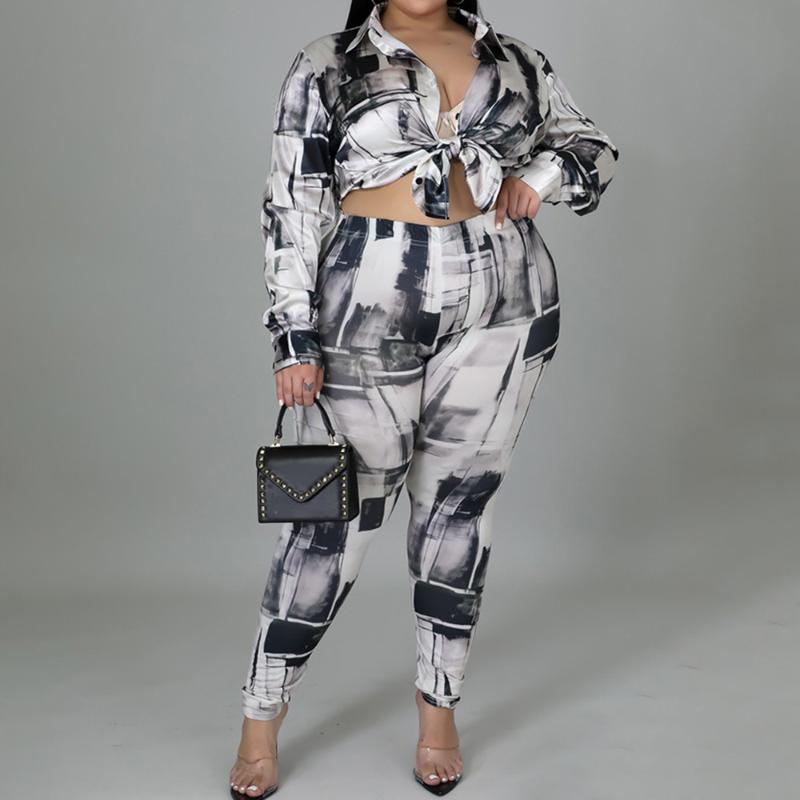 

Plus Size Tracksuits Clothes Two Piece Sets 4xl Lapel Long Sleeve Shirt Casual Pants Fashion Digital Printing Women Clothing Wholesale, Black